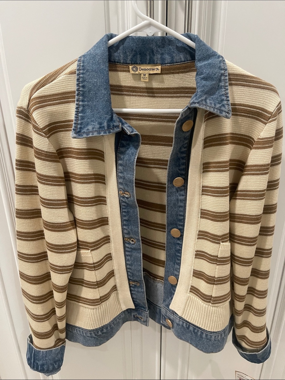 NWT Democracy ivory cream Striped Knit Jacket with Blue Denim Trim - Picture 12 of 14